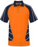 An orange and navy polo shirt featuring reflective stripes and a chest pocket, with a logo.