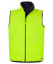 A bright yellow reversible vest with a black interior and two front pockets. It has a zipper closure and a high collar.