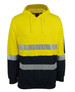 A bright yellow and navy cotton pullover fleece hoodie with reflective stripes and a logo.