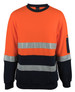 An orange and navy fleece crew neck jumper with reflective stripes and a logo on the sleeve.