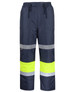 Navy pants with lime and grey reflective stripes, featuring an elastic waistband and side pockets. Includes a logo.