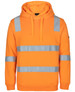 An orange hoodie with reflective silver stripes, featuring a hood and a logo on one sleeve.