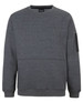 A grey crew neck fleece jumper with a front pocket and a side zipper pocket. It features a logo.