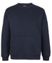 A navy blue crew neck fleece jumper with a front pocket and a sleeve pocket. It features a logo on the sleeve.