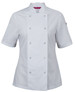 A white short-sleeve chef's jacket with snap button closures and a logo on the sleeve.