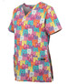 A colourful ladies scrub top featuring a playful cat print in various hues, with a logo on the side.