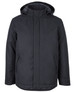A black rain jacket with a hood, featuring a simple design and side pockets. It includes a branding logo.