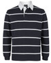 A striped navy and white long-sleeve polo shirt with a collar, featuring a logo on the chest.
