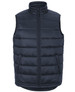 A dark navy puffer vest with a high collar, front zip, and side pockets. It features a logo on the front.