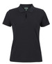 A black ladies' short-sleeve cotton stretch polo shirt featuring a collar and a logo.
