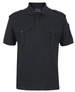 A black polo shirt with epaulettes and front pockets, featuring a collar and buttons, and a logo.