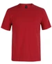 A red T-shirt with a round neck and short sleeves, featuring a logo on the label.