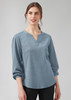 A blue women's long sleeve blouse with a V-neck and ruché detailing. The fabric has a textured look.