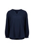 A women's long sleeve blouse in navy blue with a relaxed fit and ruché detailing at the sleeves.