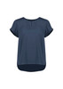 A women's short sleeve blouse in navy blue with a round neckline and a slightly longer back hem. It features rolled sleeves.