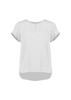 A light grey short sleeve blouse with a round neckline and a slightly longer back hem. It features rolled sleeves and has a logo.
