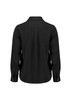 A black long sleeve shirt with a collar and buttoned cuffs, featuring a pleated back design.