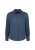 A navy long sleeve shirt with a collared neckline and button-up front, featuring long sleeves and a relaxed fit.
