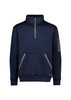 A navy unisex water-resistant 1/4 zip pullover with a front pocket and a logo on the sleeve.