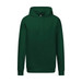 A green heavy weight hoodie featuring a front pocket and a drawstring hood. It has a logo on the front.