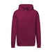 A heavy weight hoodie in a deep burgundy colour with a front pocket and a hood. It features a logo on the label.