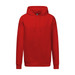 A red heavy weight hoodie with a front pocket and a hood. Features a logo on the chest area.