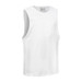 A white unisex tank top with a sleeveless design and a simple logo on the label.