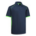 A navy polo shirt with lime green accents, featuring a collar and buttons, and a logo on the chest.