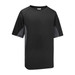 A black sports tee with grey accents, featuring short sleeves and a logo.