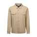 A beige long sleeve outdoor shirt featuring two front pockets and a button-up design. It has a logo on the tag.