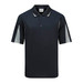 A navy polo shirt with grey accents and a branding logo on the chest. Short sleeves and a classic collar design.