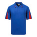 A blue polo shirt with red accents and a logo on the chest. It features short sleeves and a collared neck.