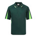 A dark green polo shirt with bright green accents and a logo on the chest. Short sleeves and a classic collar design.