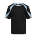 A black sports tee with light blue contrast sleeves and a logo on the front.