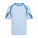 A light blue sports tee featuring three-tone contrast in blue shades and a logo on the label.