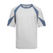 A three-tone contrast sports tee featuring grey and blue panels, with a logo on the front.