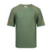 A three-tone sports tee featuring olive green with khaki accents and a logo. Short sleeves and a regular fit.