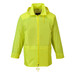 A bright yellow rain jacket with a hood and zipper front. It features long sleeves and a logo on the chest.