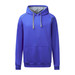 A blue hoodie with a grey inner lining and drawstring, featuring a front pocket and a logo.