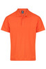 An orange polo shirt with a collar and three buttons, featuring a logo on the label.