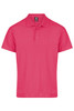 A pink polo shirt featuring a collar and three buttons, with a logo on the label.