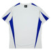 A white t-shirt with blue contrasting panels on the shoulders and sides. It features a reflective logo.
