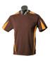 A brown T-shirt with orange accents and a logo on the chest, displayed on a mannequin.
