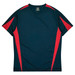 A T-shirt featuring a dark blue body with red accents on the sides and a logo on the neckline.