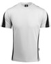 A plain white t-shirt with black detail on the sides and short sleeves. It features a logo on the neck.