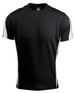 A black t-shirt with white side panels and a logo on the neckline. Suitable for casual wear.