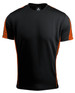 A black t-shirt featuring orange accents on the sleeves. It has a logo at the neckline.