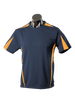 A navy blue t-shirt featuring orange accents, displayed on a mannequin. Includes a logo on the shirt.