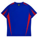 A blue t-shirt with red accents and a logo on the label, showcasing a sporty style.