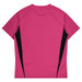 A pink T-shirt with black side accents and a smooth back design. It features a logo on the front.